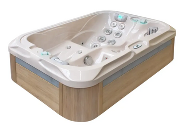 PassionSpa Indulgence Whirlpool – beige Oberfläche, Holzpaneel, Massagedüsen