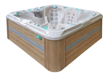 PassionSpa Joy Whirlpool – weiße Oberfläche in Holzoptik, türkisfarbene LED-Beleuchtung