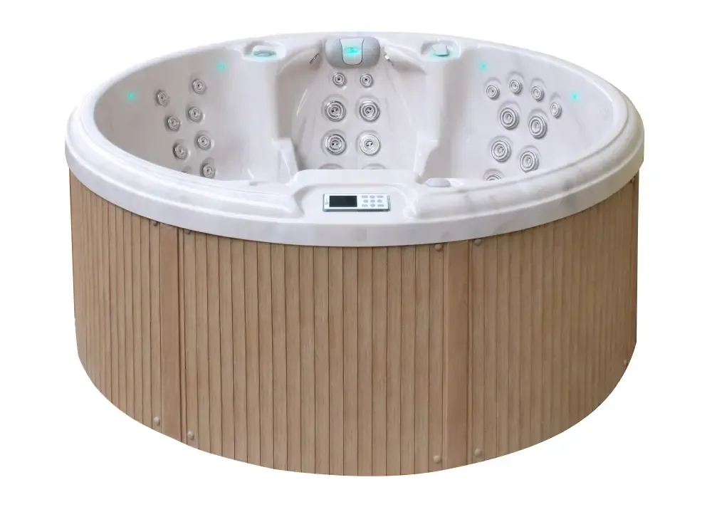 PassionSpa Recharge Whirlpool – weiße Ausführung, Bambusverkleidung, blaue LED-Beleuchtung, Massagedüsen