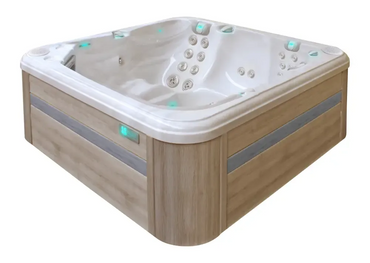 PassionSpa Reflect Whirlpool – modernes Design, weißer Innenraum, helle Holzverkleidung, graue Streifen
