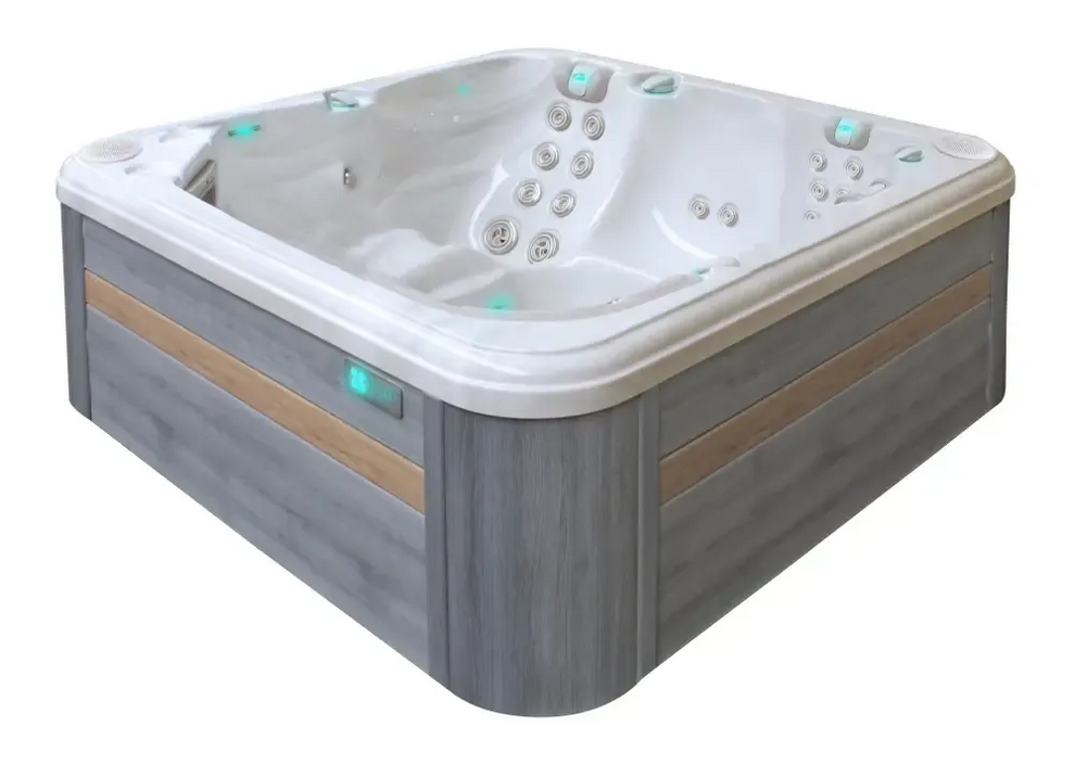 PassionSpa Reflect Whirlpool – modernes Design, graue Holzpaneele, weiße Massagedüsen, blaugrüne Beleuchtung