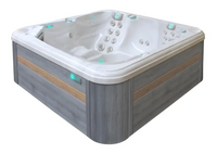PassionSpa Reflect Whirlpool – modernes Design, graue Holzpaneele, weiße Massagedüsen, blaugrüne Beleuchtung