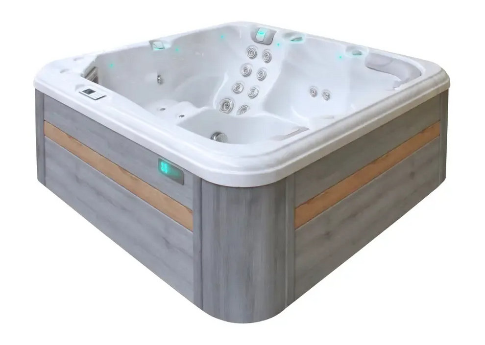 PassionSpa Relax Whirlpool – graue Holzpaneele, weiße Massagedüsen, türkisfarbene Beleuchtung