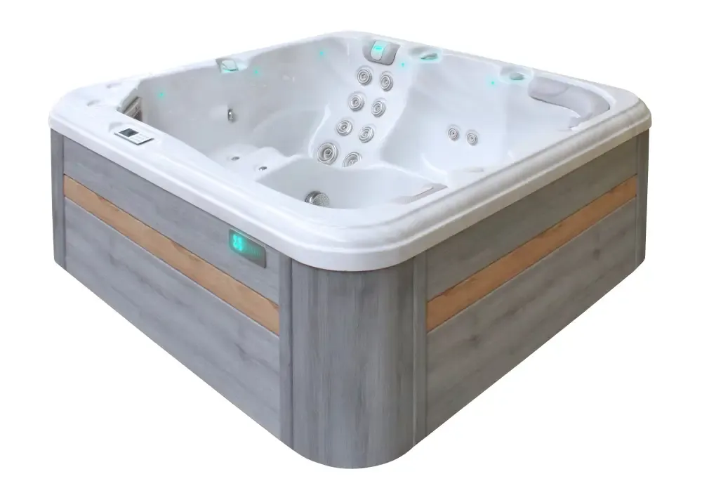 PassionSpa Relax Whirlpool – graue Holzpaneele, weiße Massagedüsen, türkisfarbene Beleuchtung