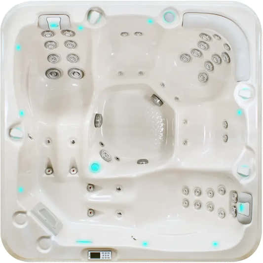 PassionSpa Relax Whirlpool – Pure Collection, cremefarbene Oberfläche, silberfarbene Massagedüsen, blaue LED-Beleuchtung