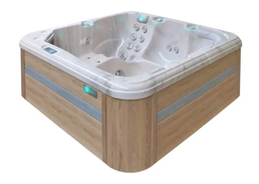 PassionSpa Relax Whirlpool – modernes Design, helle Holzverkleidung, weißer Innenraum, Massagedüsen, blaue LED-Beleuchtung