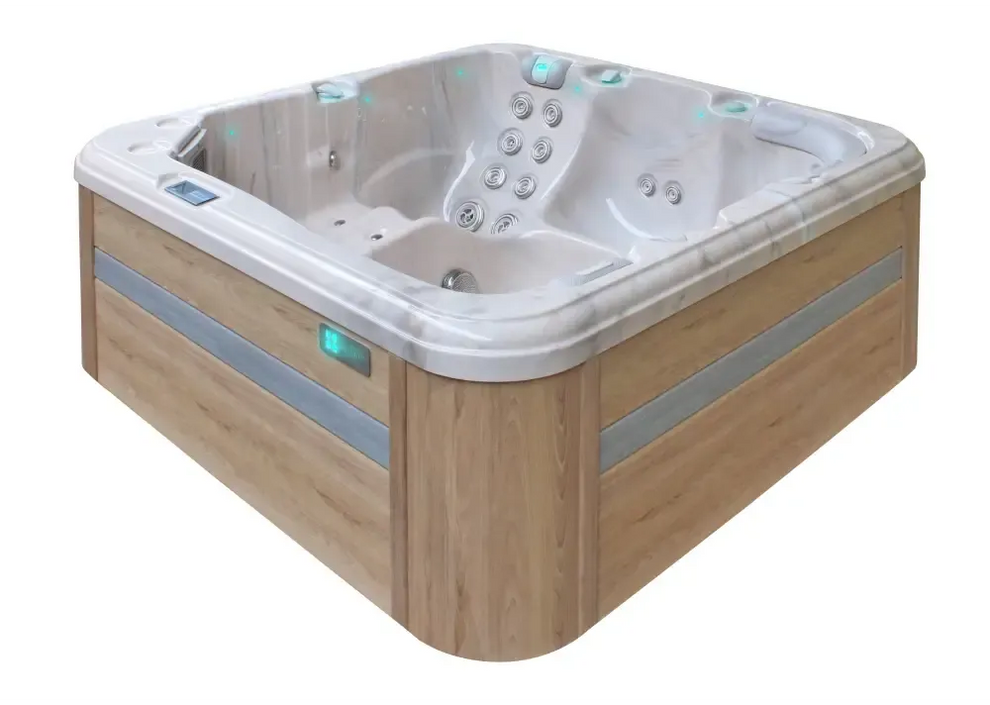 PassionSpa Relax Whirlpool – modernes Design, helle Holzverkleidung, weißer Innenraum, Massagedüsen, blaue LED-Beleuchtung