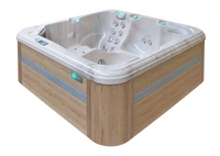 PassionSpa Relax Whirlpool – modernes Design, helle Holzverkleidung, weißer Innenraum, Massagedüsen, blaue LED-Beleuchtung