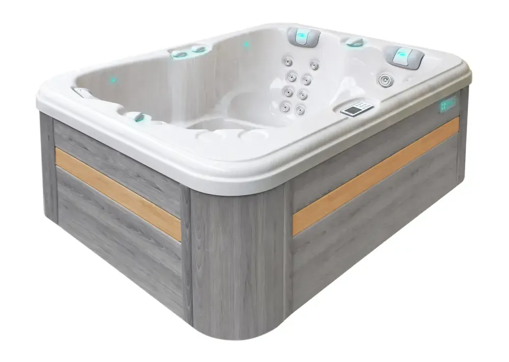 PassionSpa Renew Whirlpool – Pure Collection, weiße Ausführung, graue Holzpaneele, Massagedüsen