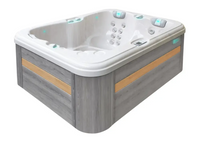 PassionSpa Renew Whirlpool – Pure Collection, weiße Ausführung, graue Holzpaneele, Massagedüsen