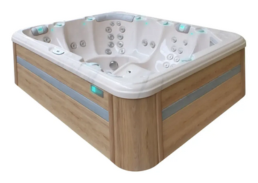 PassionSpa Repose Whirlpool – modernes Design, weiße Ausführung, Holzoptik, LED-Beleuchtung
