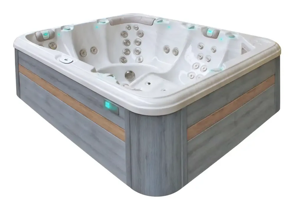 PassionSpa Repose Whirlpool – modernes Design, graue Ausführung, Holzoptik, weiße Massagedüsen