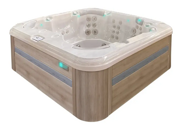 PassionSpa Resettle Whirlpool – modernes Design, beige Oberfläche, Holzpaneel, LED-Beleuchtung