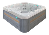 PassionSpa Resettle Whirlpool – graue Holzstruktur, weiße Oberseite, Massagedüsen, blaue LED-Beleuchtung