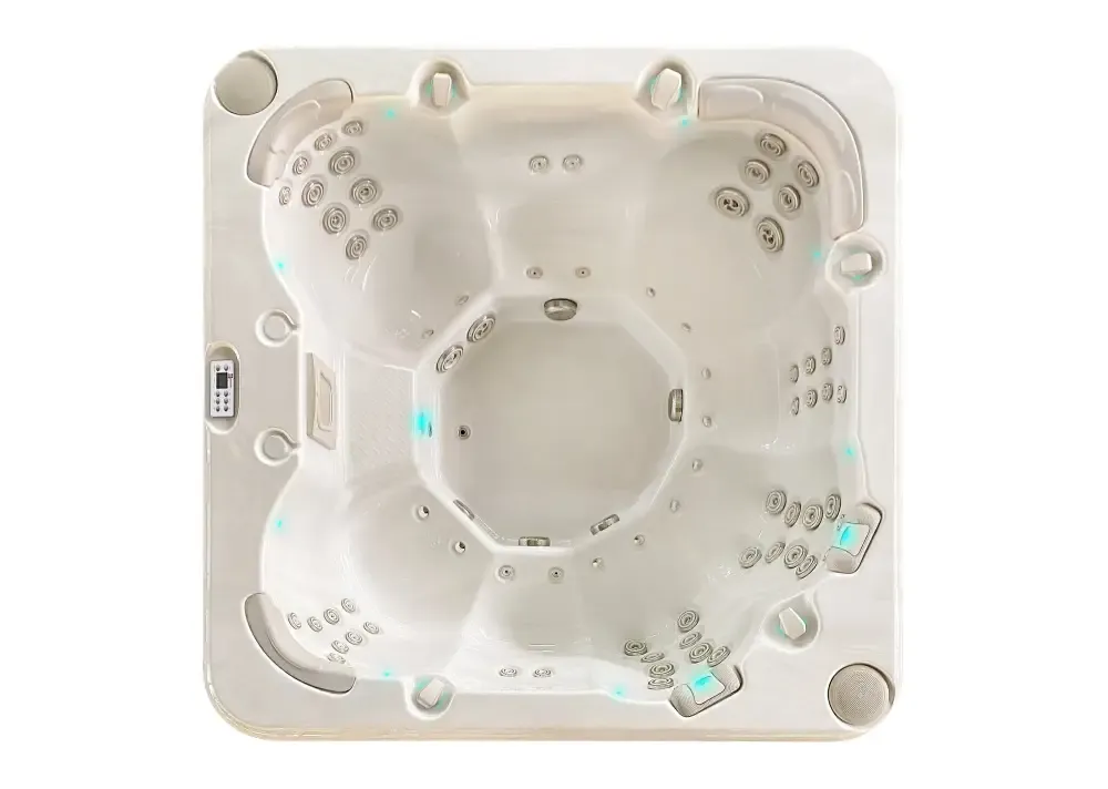 PassionSpa Resettle Spabad Pure Collection med krämfärgad badtunna blå LED-belysning och jetmunstycken