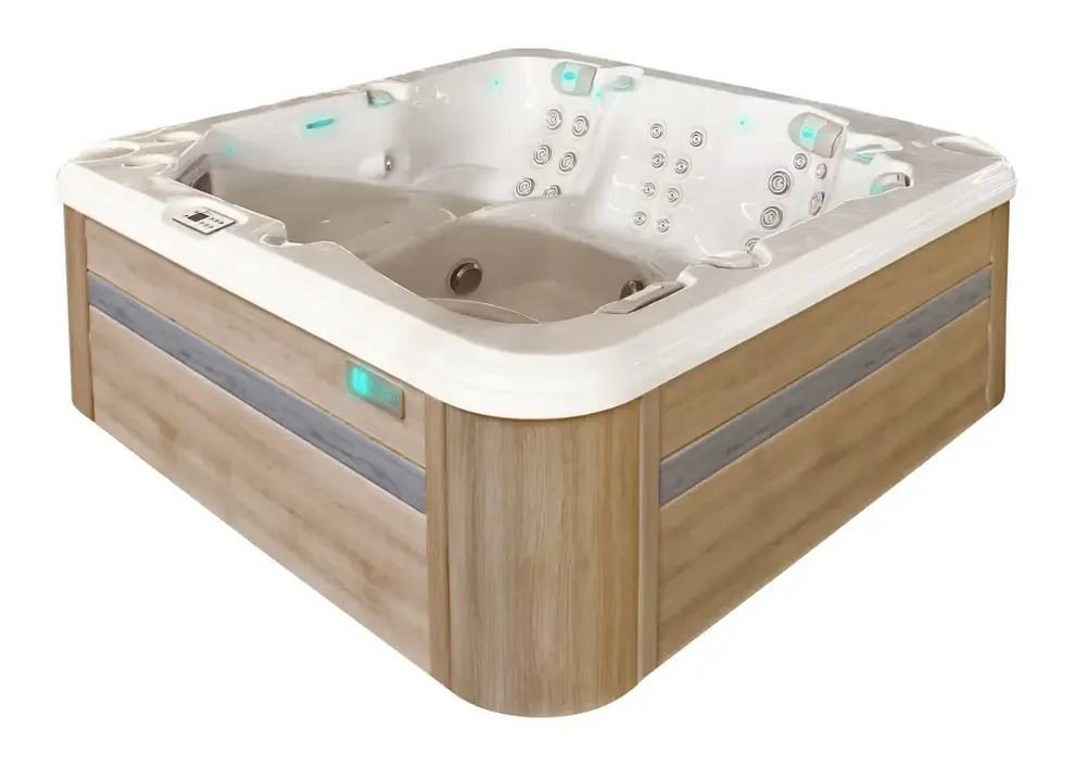 PassionSpa Retreat Whirlpool – modernes Design, helle Holzverkleidung, weißer Innenraum, Massagedüsen, blaue LED-Beleuchtung