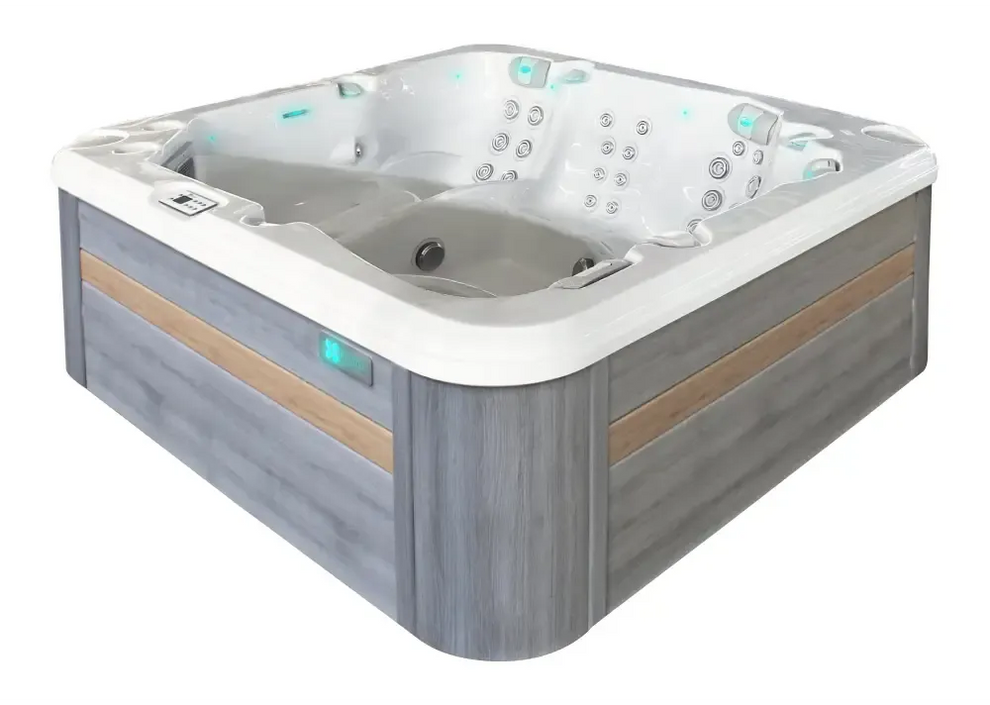 PassionSpa Retreat Whirlpool – modernes Design, graue Holzpaneele, blaugrüne Beleuchtung