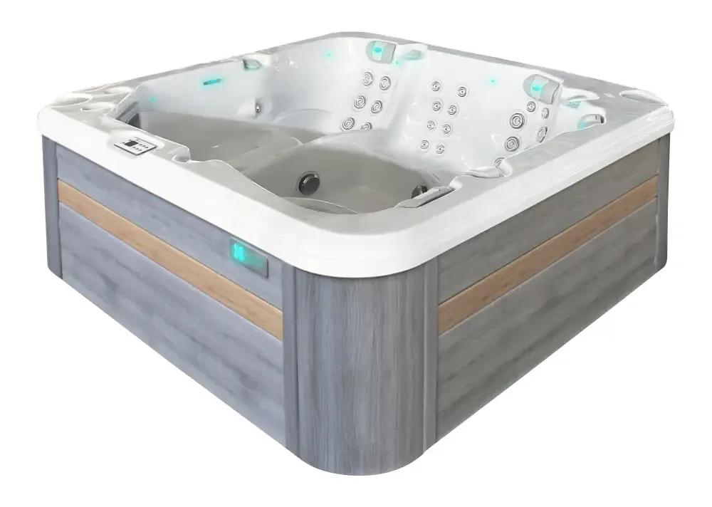 PassionSpa Retreat Whirlpool – modernes Design, graue Holzpaneele, blaugrüne Beleuchtung
