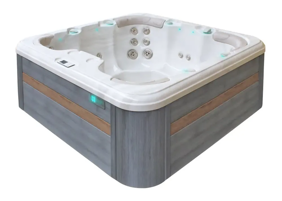 PassionSpa Rewind Whirlpool – modernes Design, graue Holzpaneele, weißer Innenraum, blaue Beleuchtung