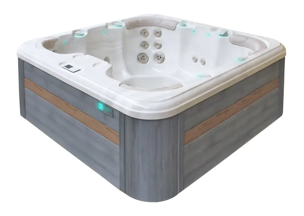 PassionSpa Rewind Whirlpool – modernes Design, graue Holzpaneele, weißer Innenraum, blaue Beleuchtung