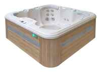 PassionSpa Rewind Whirlpool – weiße Holzverkleidung, silberfarbene Details, Massagedüsen