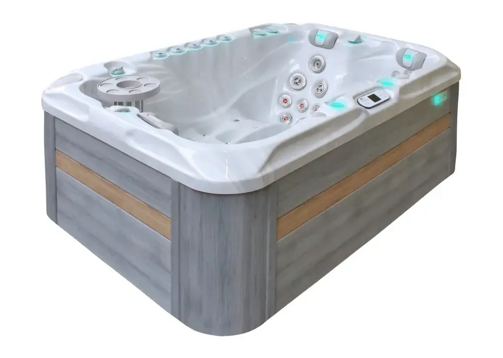 PassionSpa Sensation Whirlpool – graue Holzstruktur, weißer Innenraum, türkisfarbene LED-Beleuchtung, Massagedüsenregler