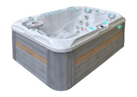 PassionSpa Sensation Whirlpool – graue Holzstruktur, weißer Innenraum, türkisfarbene LED-Beleuchtung, Massagedüsenregler