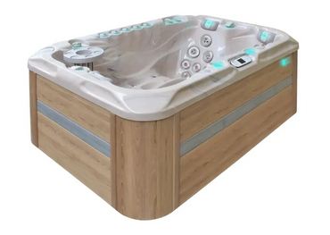 PassionSpa Sensation Whirlpool – beige Holzverkleidung, Bedienfeld, blaue LED-Beleuchtung
