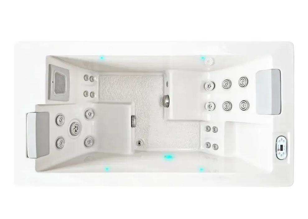PassionSpa Serene 2 Whirlpool – weiße Ausführung, rechteckige Form, silberfarbene Massagedüsen, blaue LED-Beleuchtung