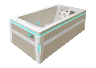 PassionSpa Serene 2 Whirlpool – beige und weiß, modernes Design, türkisfarbene LED-beleuchtete Ränder