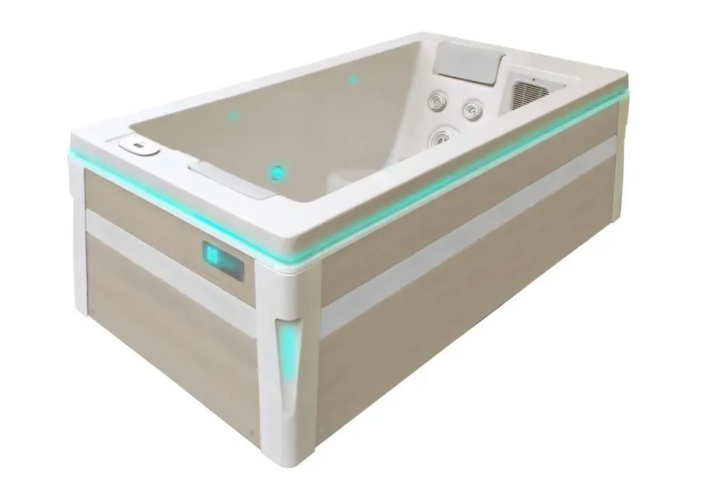 PassionSpa Serene 2 Whirlpool – beige und weiß, modernes Design, türkisfarbene LED-beleuchtete Ränder