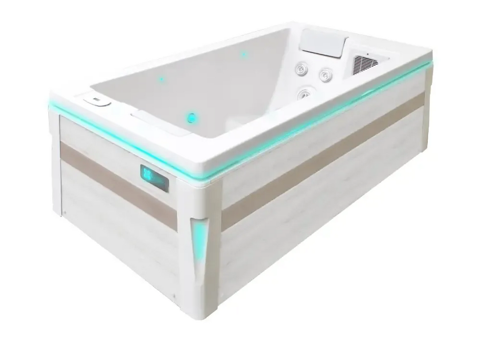 PassionSpa Serene 2 Whirlpool – beige und weiß, Holzoptik, türkisfarbene LED-Beleuchtung