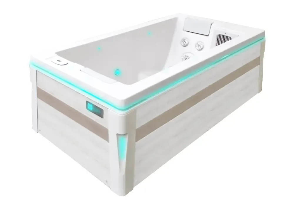 PassionSpa Serene 2 Whirlpool – beige und weiß, Holzoptik, türkisfarbene LED-Beleuchtung