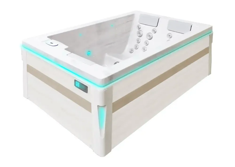 PassionSpa Serene 3 Whirlpool – modernes Design, beige und weiß, türkisfarbene LED-Beleuchtung