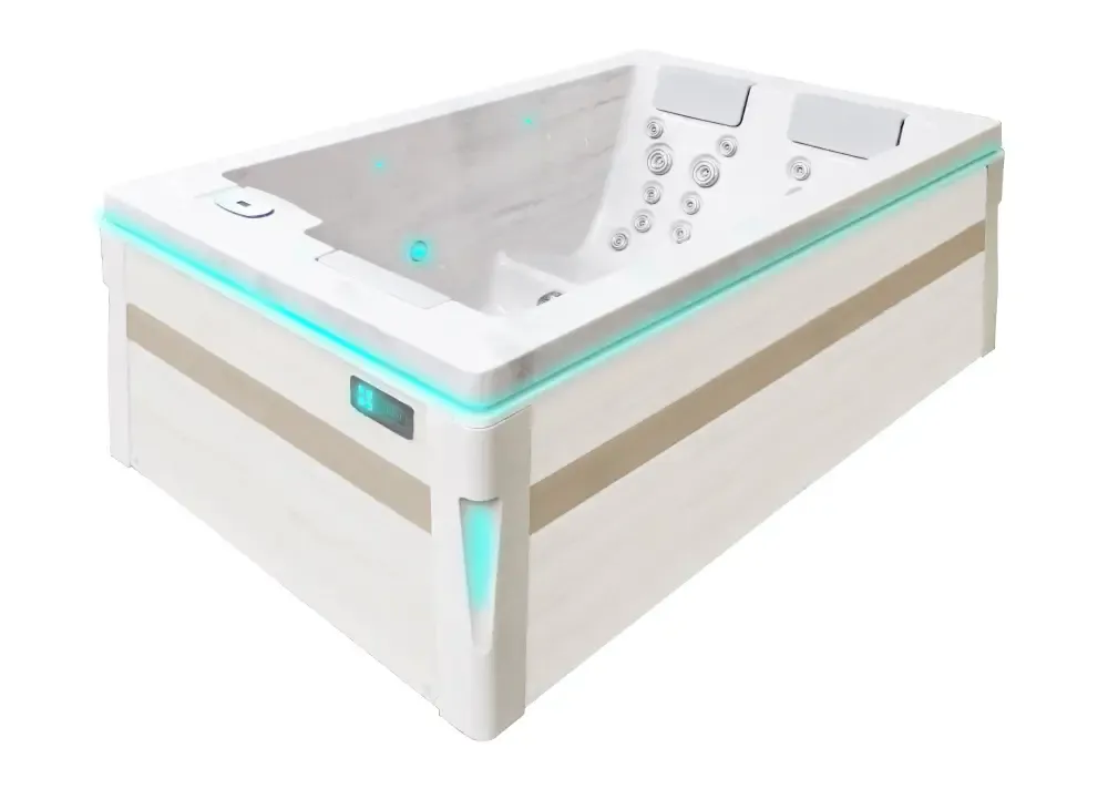 PassionSpa Serene 3 Whirlpool – modernes Design, beige und weiß, türkisfarbene LED-Beleuchtung