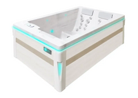 PassionSpa Serene 3 Whirlpool – modernes Design, beige und weiß, türkisfarbene LED-Beleuchtung