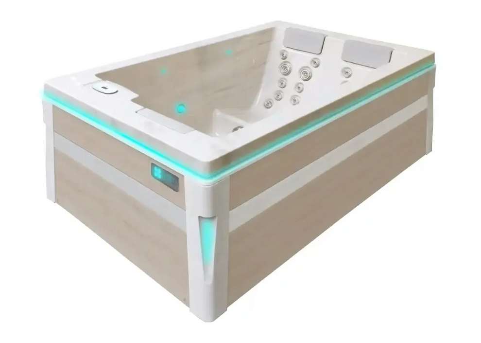 PassionSpa Serene 3 Whirlpool – helle Holzverkleidung, weißer Innenraum, türkisfarbene LED-Beleuchtung