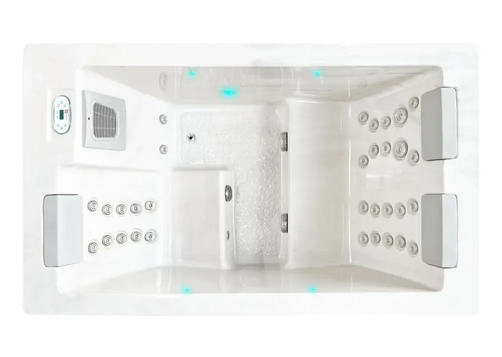 PassionSpa Serene 3 Whirlpool – weiße Ausführung, rechteckige Form, Massagedüsen, Bedienfeld, blaue Beleuchtung
