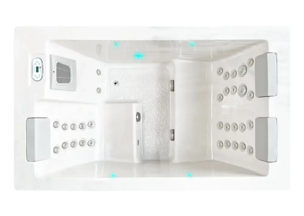 PassionSpa Serene 3 Whirlpool – weiße Ausführung, rechteckige Form, Massagedüsen, Bedienfeld, blaue Beleuchtung