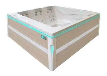 PassionSpa Serene 6 Whirlpool – modernes Design, rechteckige Form, helle Holzverkleidung, weißer Innenraum, türkisfarbene LED-Beleuchtung