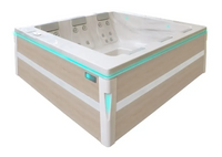 PassionSpa Serene 6 Whirlpool – modernes Design, rechteckige Form, helle Holzverkleidung, weißer Innenraum, türkisfarbene LED-Beleuchtung