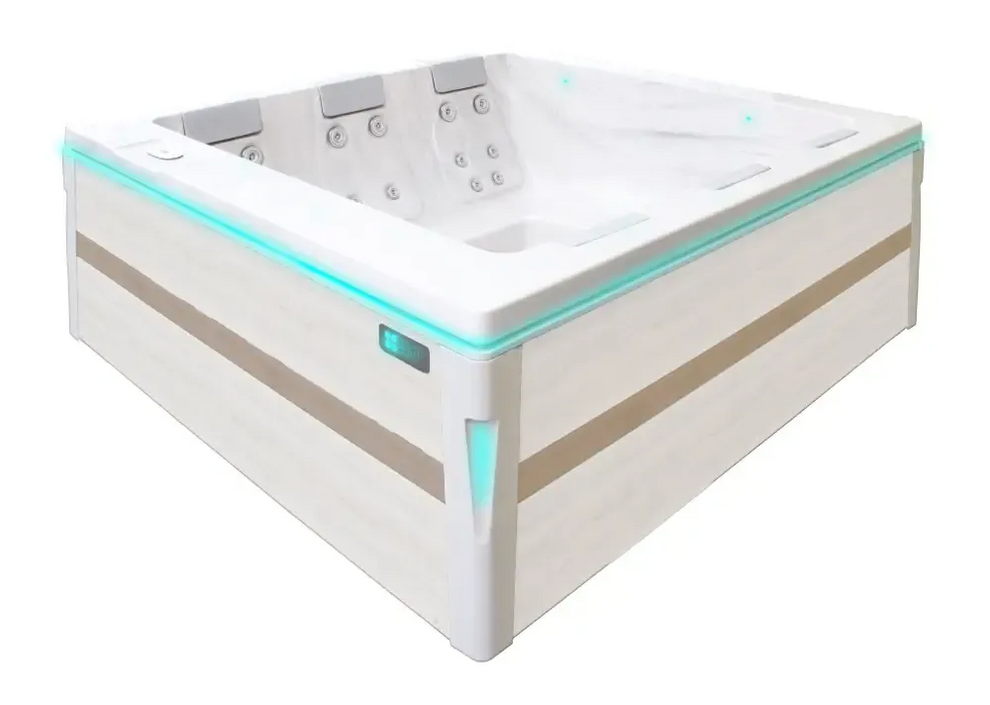 PassionSpa Serene 6 Whirlpool – modernes Design, beige und weiß, türkisfarbene LED-Beleuchtung
