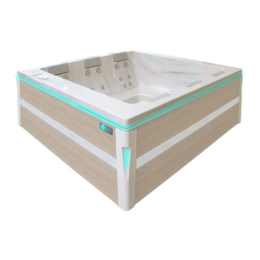 PassionSpa Serene 6 Whirlpool – helle Holzverkleidung, weißer Innenraum, türkisfarbene LED-Beleuchtung