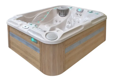PassionSpa Soulmate Whirlpool – beige Holzverkleidung, silberfarbene Paneele, blaue LED-Beleuchtung, Massagedüsen