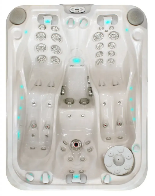 PassionSpa Soulmate Whirlpool – Signature Collection, weiße Ausführung, silberfarbene Massagedüsen, blaue LED-Beleuchtung