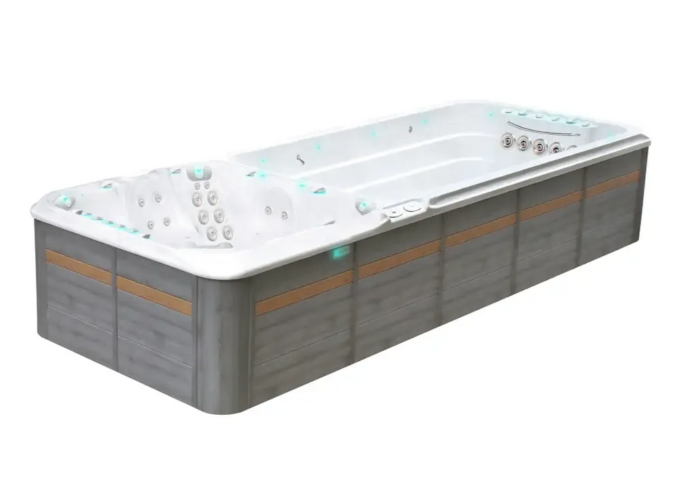 PassionSpa Vitality Deep Swim-Spa – modernes Design, graue Holzpaneele, weißer Innenraum, blaue Beleuchtung