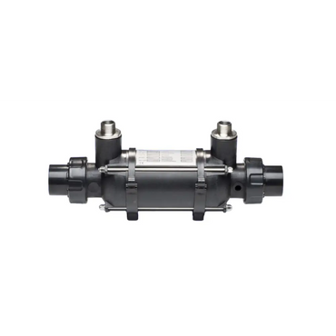 Svart plast värmeväxlare med gängade kopplingar i rostfritt stål