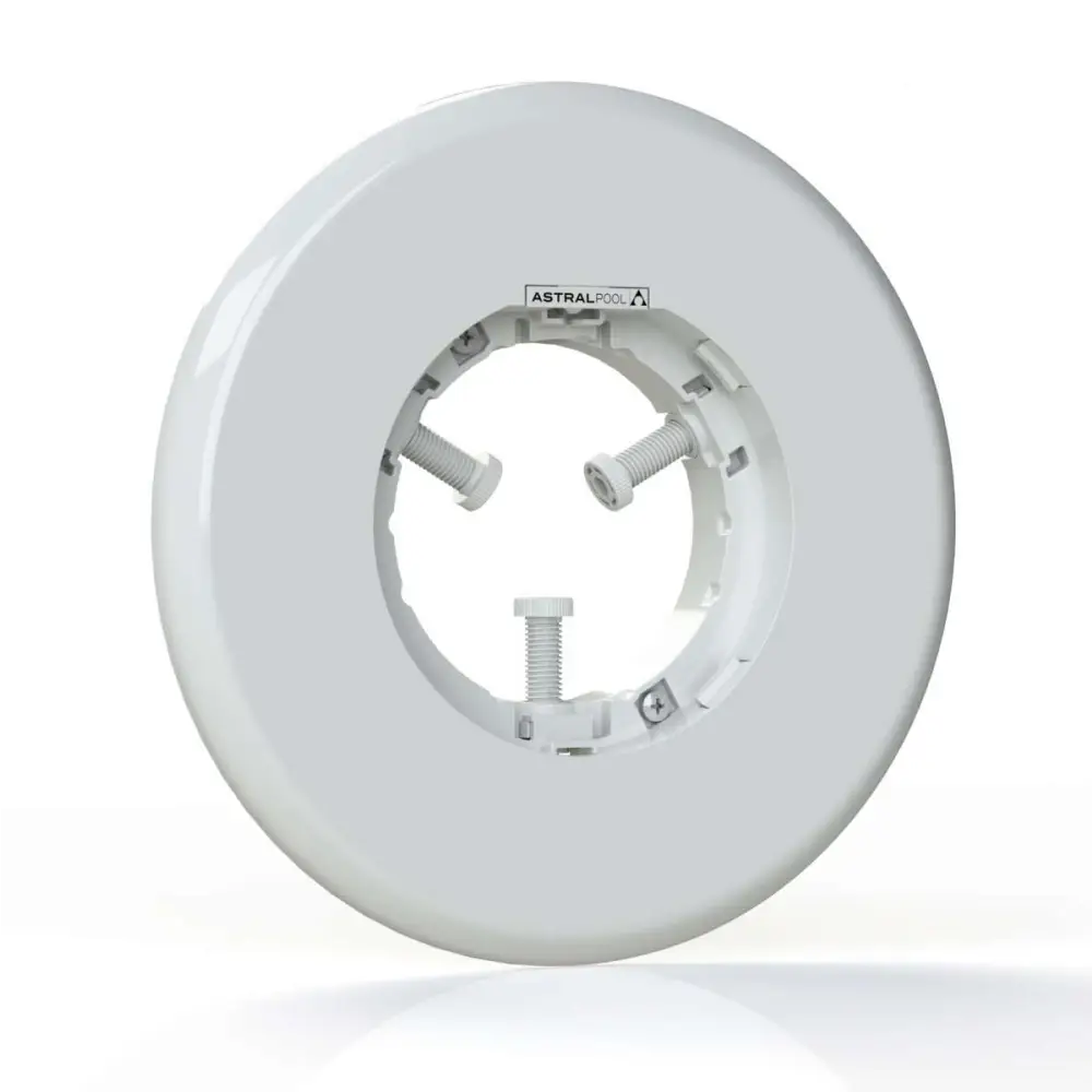 Vit cirkulär LED poollampa Lumiplus Flexi med mjukt sken och Astral Pool-etikett