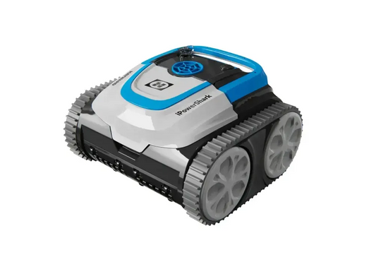 Blau-weißer Hayward iPower Shark Poolroboter mit grauen Raupenbändern