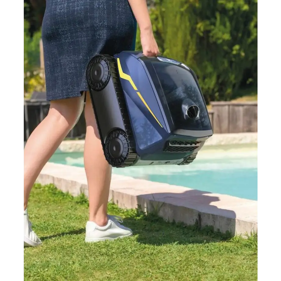 Blå och gul Poolrobot Zodiac Freerider med trådlös frihet och svarta gummilarver